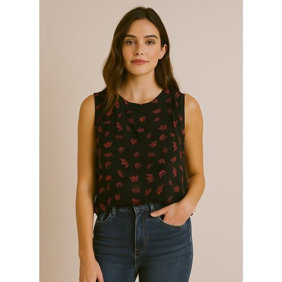 Piamita Loulou Graphic Crown Print Silk Sleeveless Blouse Red Black Large Luxury - Picture 1 of 6